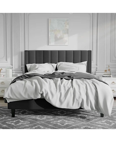Velvet Platform Bed Frame with Headboard – Soft Upholstery, Wood Slats, and Durable Structure for Home Bedroom