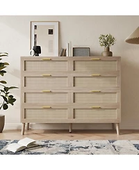 gaomon 6 Drawer Double Dresser for Bedroom, Rattan Dresser, Floor Standing Storage Cabinet, Clothes Storage Cabinet with Gold Handles, for Hallway, Li