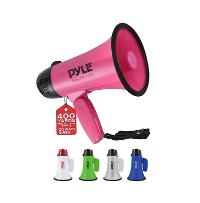 Pyle 20-Watt Mini Megaphone Speaker with Siren, Adjustable Volume, Portable, Lightweight, Battery Operated Pink Bullhorn
