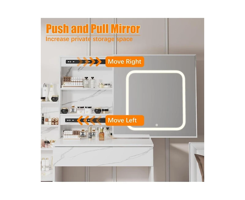 gaomon Vanity Desk with Sliding Mirror and Lights, Makeup Vanity Set with Power Outlet, 4 Drawers, Stool, Open Shelves, 3 Color Lighting Modes, Bright