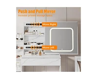 gaomon Vanity Desk with Sliding Mirror and Lights, Makeup Vanity Set with Power Outlet, 4 Drawers, Stool, Open Shelves, 3 Color Lighting Modes, Bright