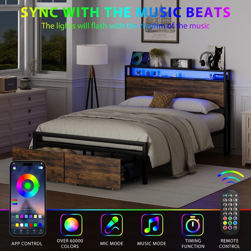 Metal Bed Frame with 2 Storage Drawers and Led Rgb Led light
