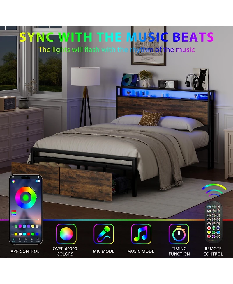 Metal Bed Frame with 2 Storage Drawers and Led Rgb Led light
