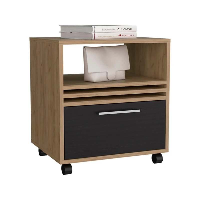 Alsen Nightstand, 1 Drawer, 4 Wheels, 1 Shelf, Natural Oak / Black