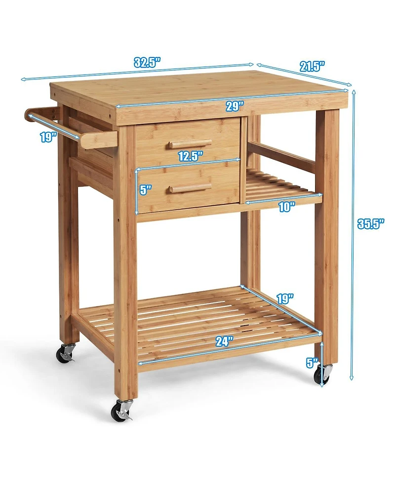 Gouun Bamboo Kitchen Trolley Cart with Tower Rack and Drawers