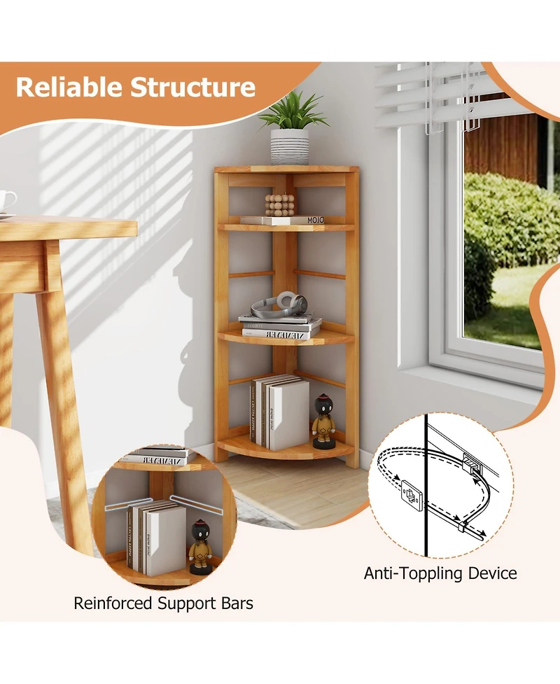 Gouun 4-Tier Corner Shelf with Rubber Wood Frame and Anti-Toppling Kit