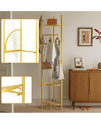 Unho Freestanding Gold Metal Coat Rack: Clothes Stand with Shelves Storage