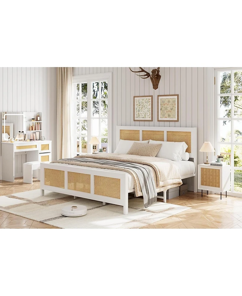 gaomon King Size Rattan Bed Frame with Headboard, White Boho Cane Platform Bed Frame with Strong Metal Slat, Noise Free