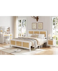 gaomon King Size Rattan Bed Frame with Headboard, White Boho Cane Platform Bed Frame with Strong Metal Slat, Noise Free