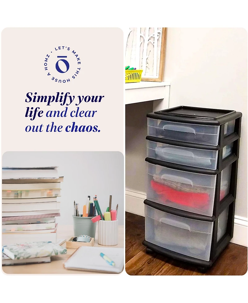 Homz Plastic 4 Drawer Medium Home Storage Container, Clear Drawers & Black Frame