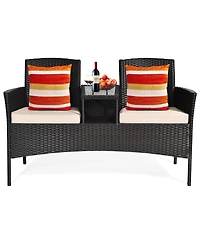 Gymax Patented Cushioned Rattan Wicker Patio Conversation Set Loveseat Table