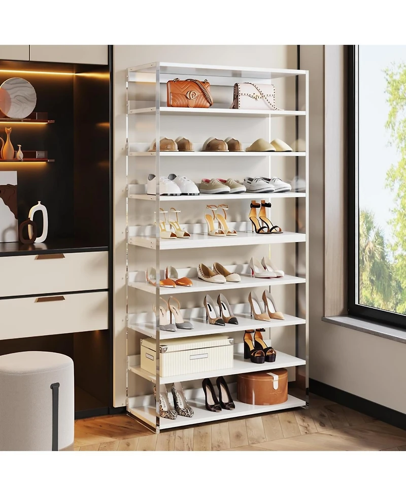 Tribesigns 8-Tier Acrylic Shoe Rack, Modern Shoe Storage with Wood Shelves, 63" Shoe Organizer Display Shelf for 24-32 Pairs, Space-Saving, White & Tr