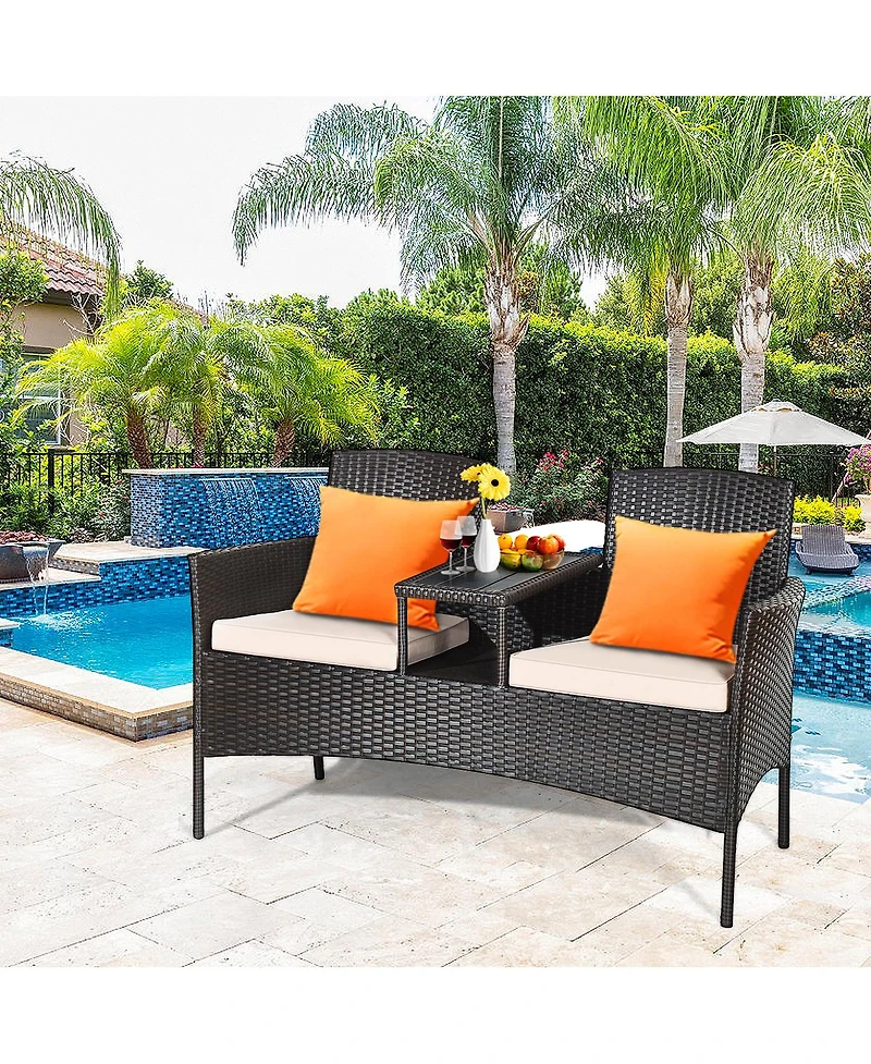 Gymax Patented Cushioned Rattan Wicker Patio Conversation Set w/ Loveseat Table Brown