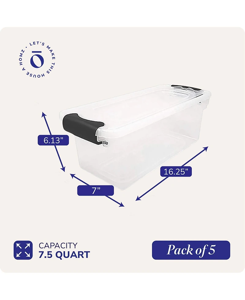 Homz 7.5 Qt Clear Storage Organizing Container Bin with Latching Lids, (5 Pack)