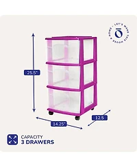 Homz Plastic 3 Drawer Medium Storage Container Tower, Clear Drawers/Purple Frame