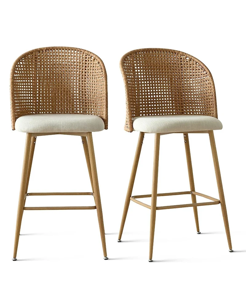 Maison Boucle 29" Linen Bar Stool Set of 2,Beige Upholstered Bar Stool with Rattan Back-Maison Boucle