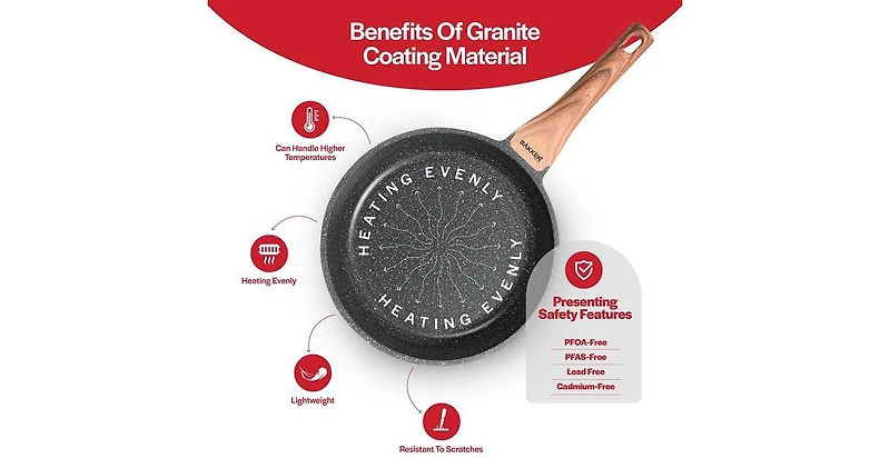 Bakken-Swiss 20-Piece Kitchen Cookware Set - Granite Non-Stick Eco-Friendly for All Stoves & Oven-Safe Marble coating
