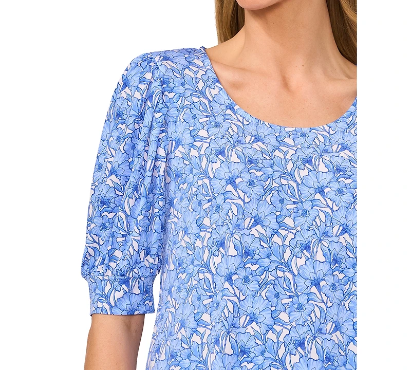 CeCe Women's Floral Shirred Scoop-Neck 3/4-Sleeve Knit Top