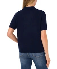 CeCe Women's Short Sleeve Polo Sweater with Cultivated Pearl Buttons