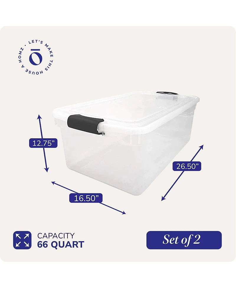 Homz 66 Qt Clear Storage Organizing Container Bin with Latching Lids, (2 Pack)