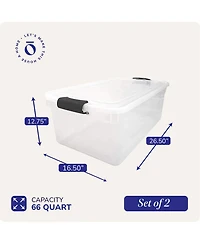 Homz 66 Qt Clear Storage Organizing Container Bin with Latching Lids, (2 Pack)
