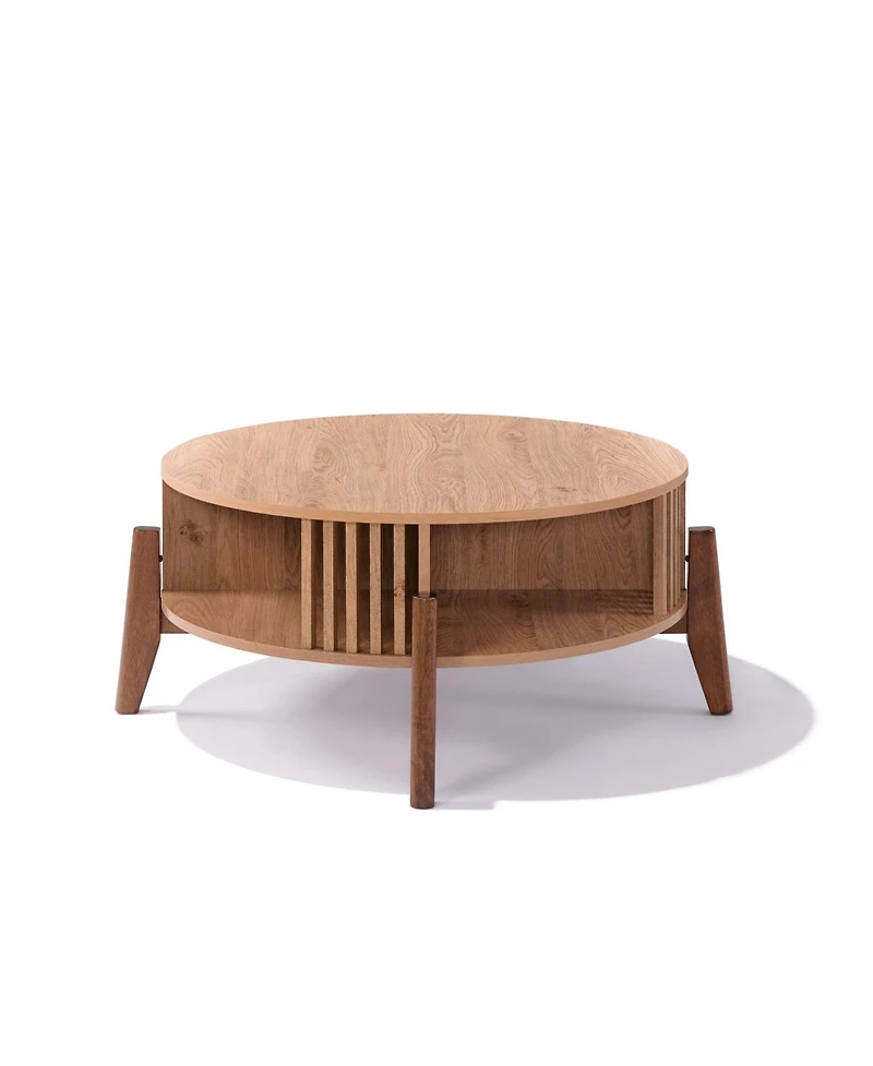 LuxenHome Round Coffee Table with Storage 31.5" Oak Finish Wood Center Accent Tables with Wood Legs