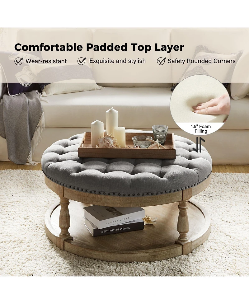 Hulala Home Illyria Transitional 36" Wide Tufted Round Cocktail Ottoman with Storage and Solid Wood Legs