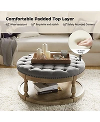 Hulala Home Illyria Transitional 36" Wide Tufted Round Cocktail Ottoman with Storage and Solid Wood Legs