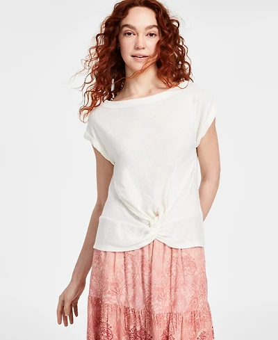 Liverpool Los Angeles Women's Short Sleeve Boat Neck Knot Front Knit Top