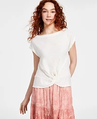 Liverpool Los Angeles Women's Short Sleeve Boat Neck Knot Front Knit Top