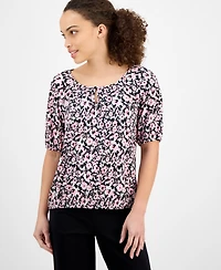 Ak Anne Klein Petite Elbow-Sleeve Keyhole-Cutout Floral-Print Top