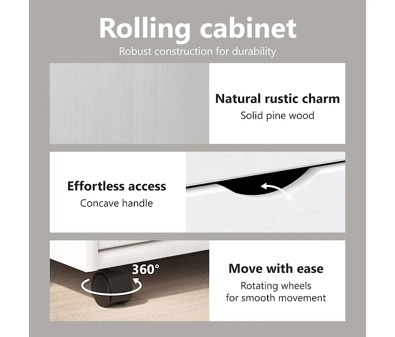 Rolling Cabinet with Drawers Moss White Solid Wood Pine