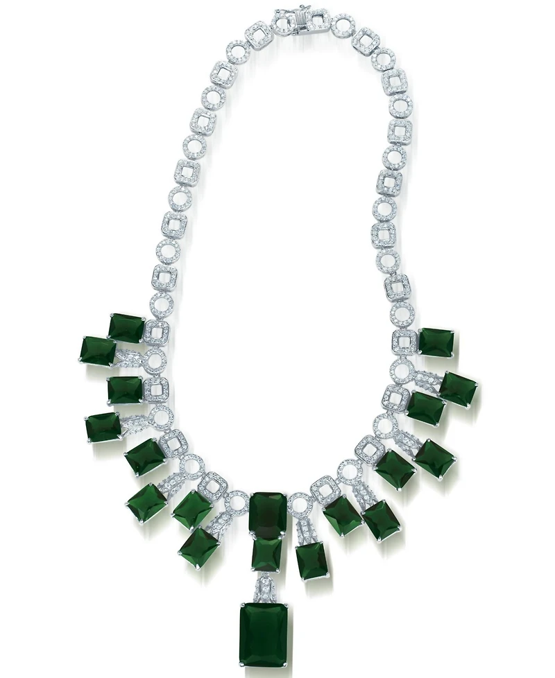 Cubic Zirconia Sterling Silver White Gold Plated Heavy Green Cubic Zirconia Necklace