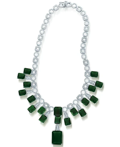 Cubic Zirconia Sterling Silver White Gold Plated Heavy Green Cubic Zirconia Necklace