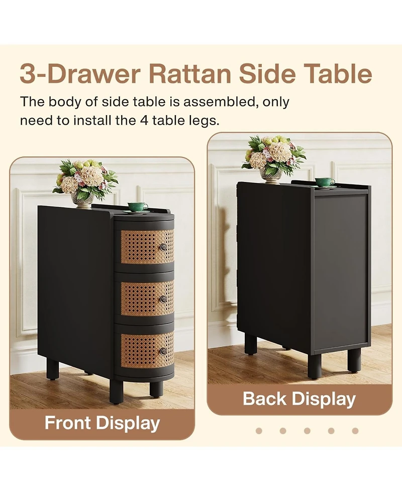 Tribesigns Solid Wood End Table, No Assembly Required, 3-Drawer Rattan Nightstand with Exquisite Embossed Handles, Perfect for Living Room, Bedroom St
