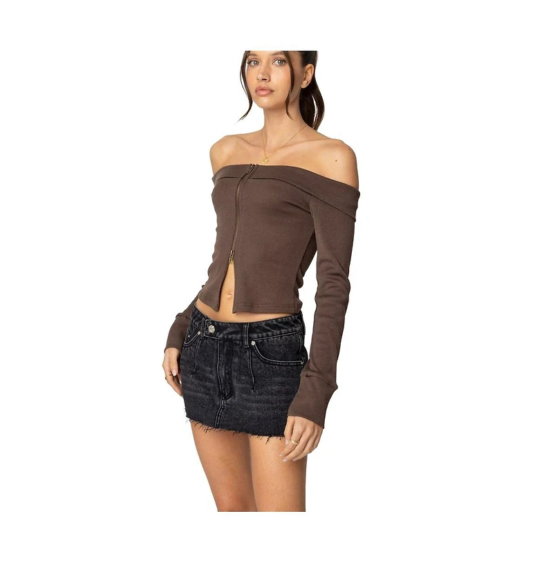 Edikted Womens Clarissa Fold Over Ribbed Top