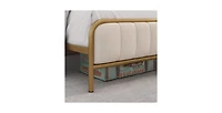 Metal Platform Bed with Gold Finish and Upholstered Headboard – Stylish Frame with Slats for Mattress Support