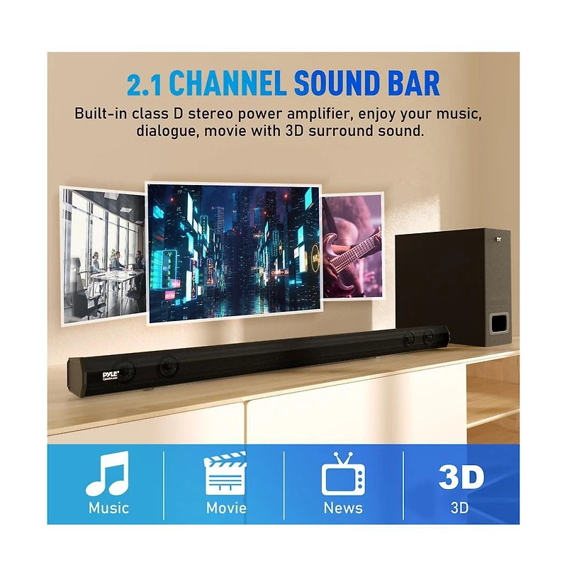 Pyle 35" 2.1 Channel Convertible Bluetooth Soundbar Speaker with Led Lights & Remote Control