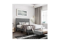 Slickblue Linen Upholstered Platform Bed with Button-Tufted Headboard