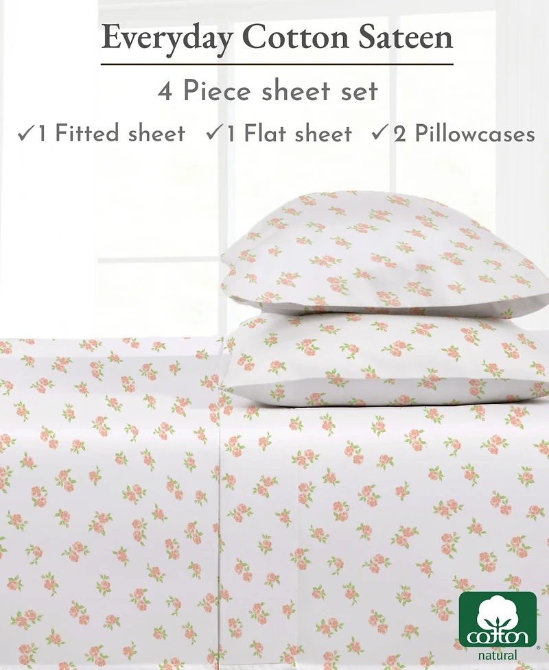 Rose Sheet, Full Bed Sheets Set, Soft 100% Cotton Sateen, 4 Pc Deep Pocket & Pillowcase Set - Vintage