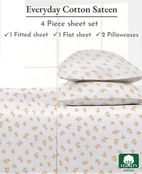 Rose Sheet, Full Bed Sheets Set, Soft 100% Cotton Sateen, 4 Pc Deep Pocket & Pillowcase Set - Vintage