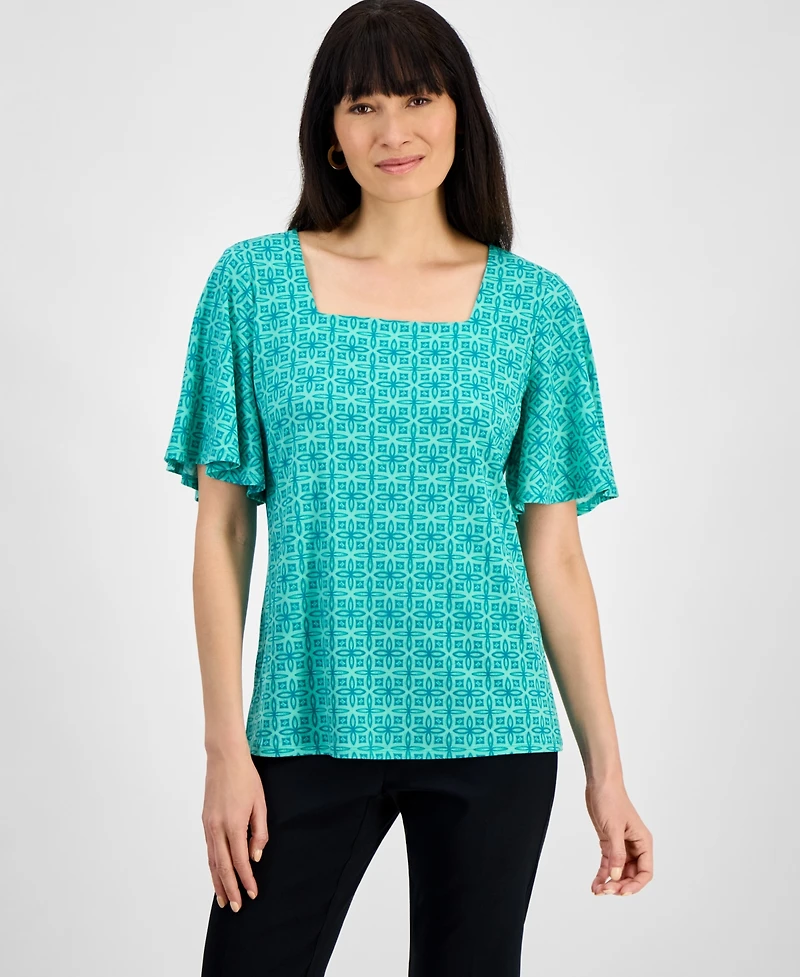 Jm Collection Women's Printed Flutter-Sleeve Square Neck Crepe Top, Exclusively at Macy's