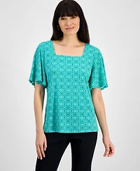 Jm Collection Women's Printed Flutter-Sleeve Square Neck Crepe Top, Exclusively at Macy's