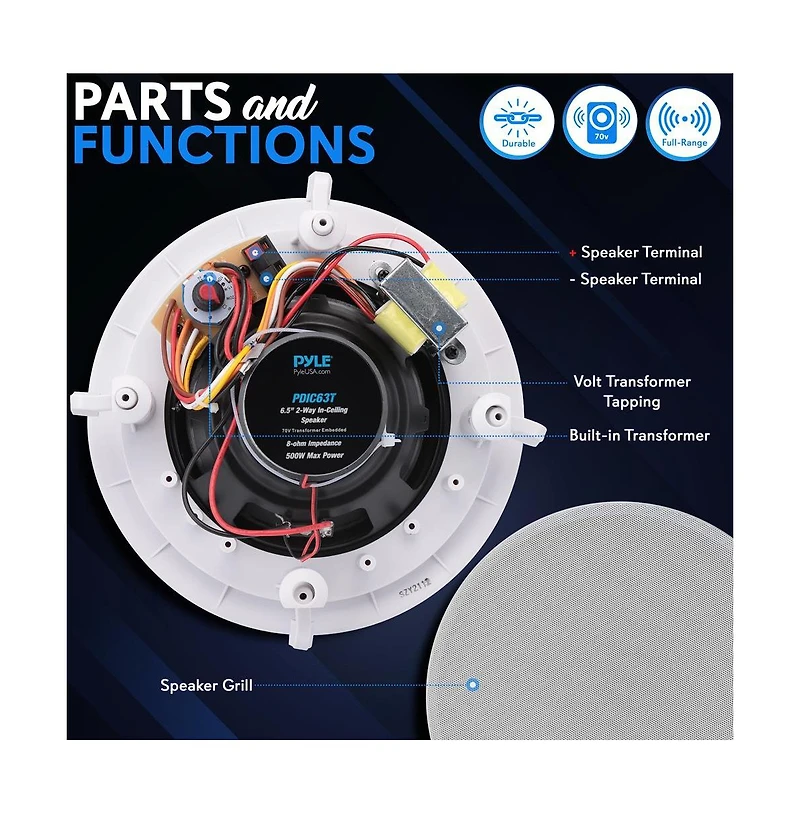 Pyle 6.5” In-Wall/In-Ceiling 100V Speaker with Transformer Tapping - Flush Mount Low-Profile Speaker (500W Max)
