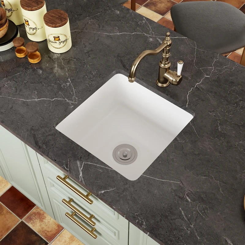 DeerValley Square Fireclay 18" L x 18" W Undermount/Drop-In Kitchen Sink with Basket Strainer and Sink Grid