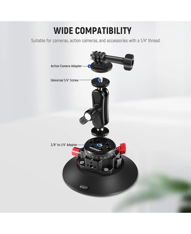 Neewer 6"/15.2cm Camera Suction Cup Mount with Ball Head Magic Arm, Metal Suction Cup Mount on Car Windshield Dash for Camera/Action Camera/Phone