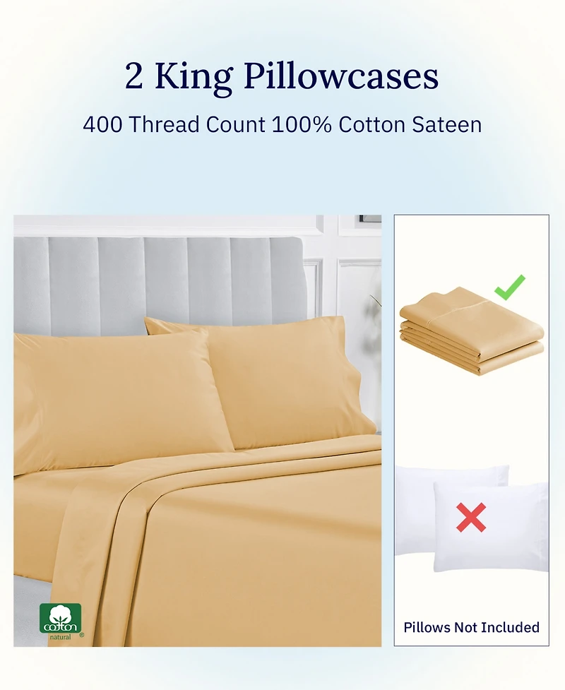 Pillowcase Set - 400 Thread Count, 100% Cotton Sateen, of 2 Pillow Covers, Breathable, Cooling