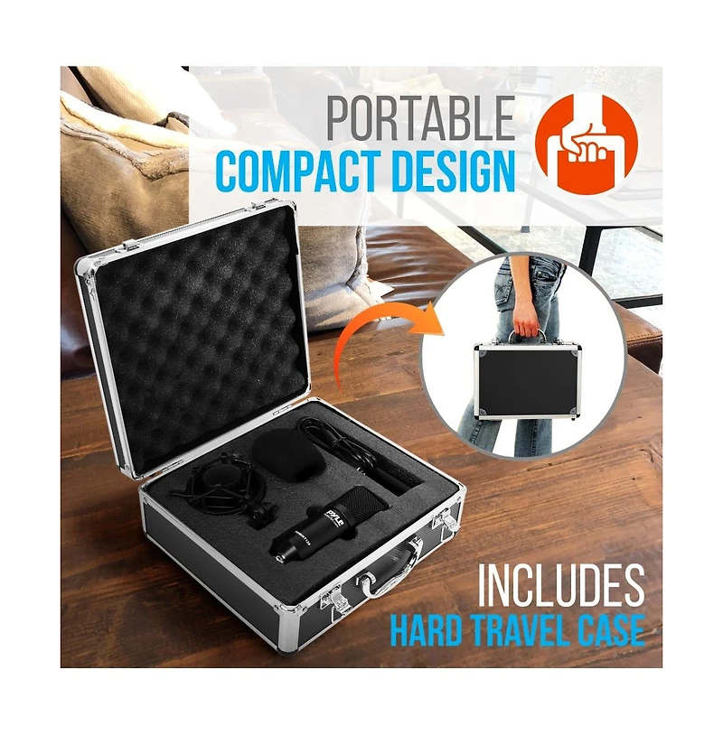 Pyle Usb Podcast Microphone Kit with Shock Mount, Pop Filter, Stand & White Aluminum Case