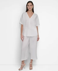 Dkny Women's Seamed-Front V-Neck Curved-Hem Linen Blouse