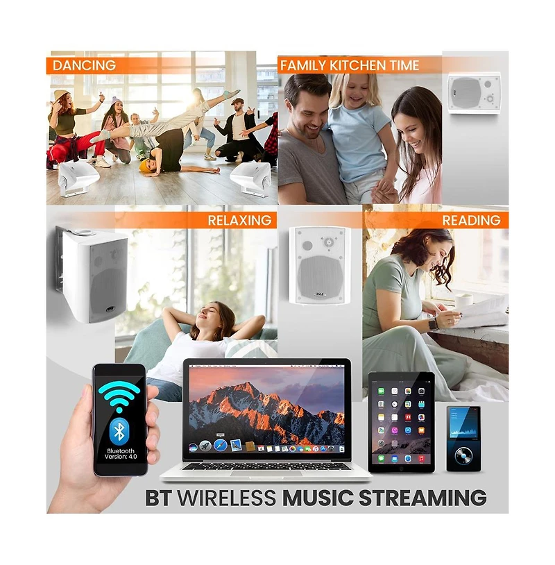 Pyle 5.25” Bluetooth Wireless Wall Mountable Speaker System with 2-Way Full Range Stereo Sound, 300W Rms